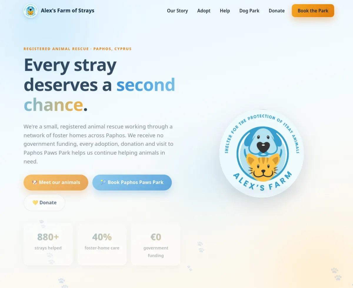 Alex's Farm of Strays website homepage